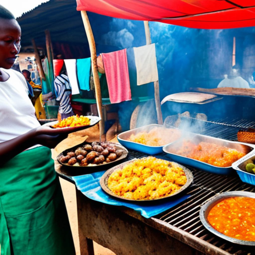 A vibrant, authentic street food market scene in Bissau, Guinea-Bissau, during the bustling daytime. Diverse local people, fully clothed in modest, everyday attire, are browsing colorful stalls laden with fresh tropical fruits, vegetables, and freshly caught fish. In the foreground, a friendly local vendor, fully clothed, is expertly grilling fish over hot charcoal, with aromatic smoke rising. Nearby, small groups of locals are enjoying plates of traditional dishes such as "Mafe" stew or crispy fried cassava balls, their expressions reflecting contentment. The atmosphere is lively and inviting, capturing the "smoke and fire" of daily life. The scene is well-lit with natural light, enhancing the rich textures and vivid colors of the food and environment.
    *Safety modifiers*: safe for work, appropriate content, fully clothed, modest clothing, appropriate attire, family-friendly.
    *Anatomy modifiers*: perfect anatomy, correct proportions, natural pose, well-formed hands, proper finger count, natural body proportions.
    *Quality markers*: professional photography, high quality, realistic, ultra-detailed, vivid colors.