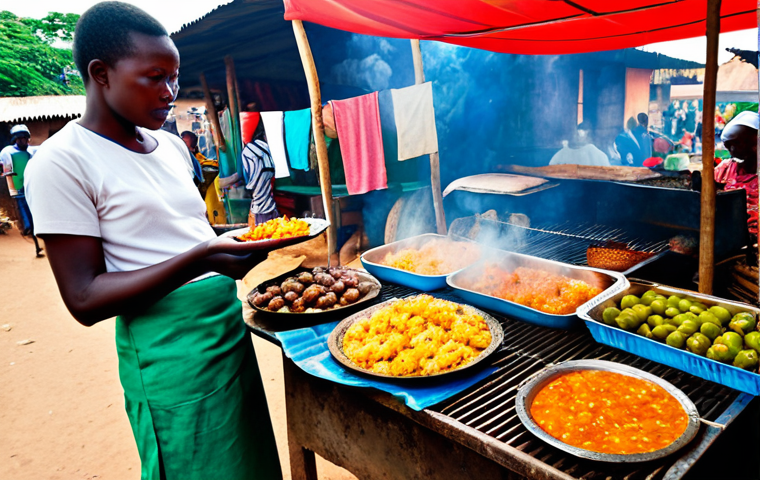 A vibrant, authentic street food market scene in Bissau, Guinea-Bissau, during the bustling daytime. Diverse local people, fully clothed in modest, everyday attire, are browsing colorful stalls laden with fresh tropical fruits, vegetables, and freshly caught fish. In the foreground, a friendly local vendor, fully clothed, is expertly grilling fish over hot charcoal, with aromatic smoke rising. Nearby, small groups of locals are enjoying plates of traditional dishes such as "Mafe" stew or crispy fried cassava balls, their expressions reflecting contentment. The atmosphere is lively and inviting, capturing the "smoke and fire" of daily life. The scene is well-lit with natural light, enhancing the rich textures and vivid colors of the food and environment.
    *Safety modifiers*: safe for work, appropriate content, fully clothed, modest clothing, appropriate attire, family-friendly.
    *Anatomy modifiers*: perfect anatomy, correct proportions, natural pose, well-formed hands, proper finger count, natural body proportions.
    *Quality markers*: professional photography, high quality, realistic, ultra-detailed, vivid colors.