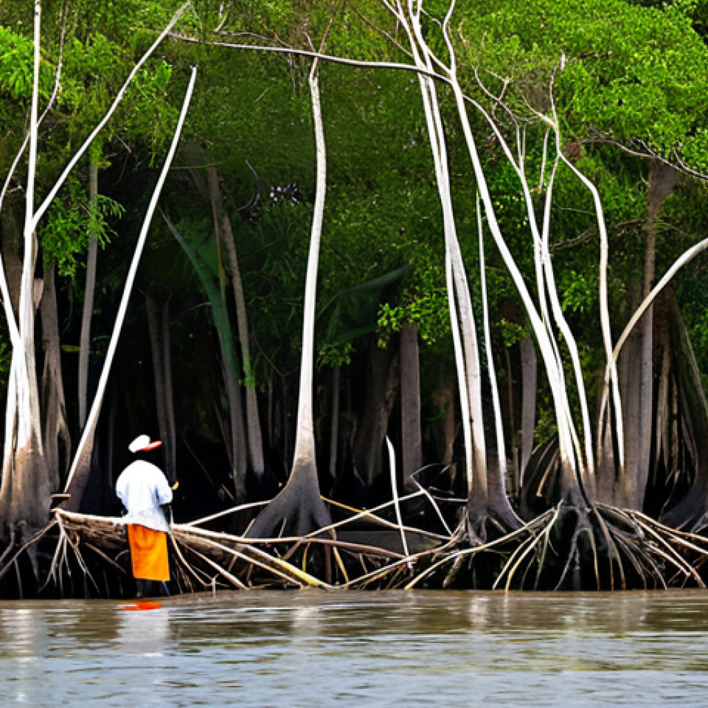 Mangrove Ecosystem**

A vibrant mangrove forest in Guinea-Bissau, fully clothed researchers studying the diverse ecosystem. Appropriate attire, safe for work. Focus on the complex root systems, various bird species (herons, storks), crabs, and fish within the mangrove. Natural sunlight, clear water, perfect anatomy, correct proportions, professional photography, high quality, modest attire, family-friendly.

**