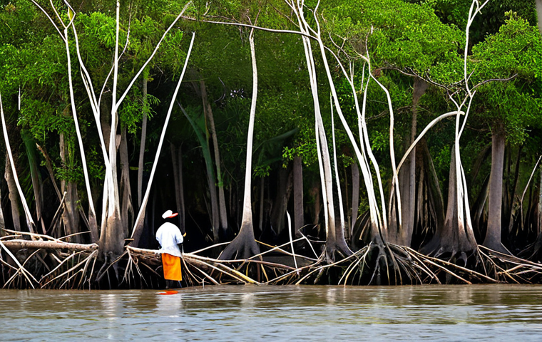 Mangrove Ecosystem**

A vibrant mangrove forest in Guinea-Bissau, fully clothed researchers studying the diverse ecosystem. Appropriate attire, safe for work. Focus on the complex root systems, various bird species (herons, storks), crabs, and fish within the mangrove. Natural sunlight, clear water, perfect anatomy, correct proportions, professional photography, high quality, modest attire, family-friendly.

**