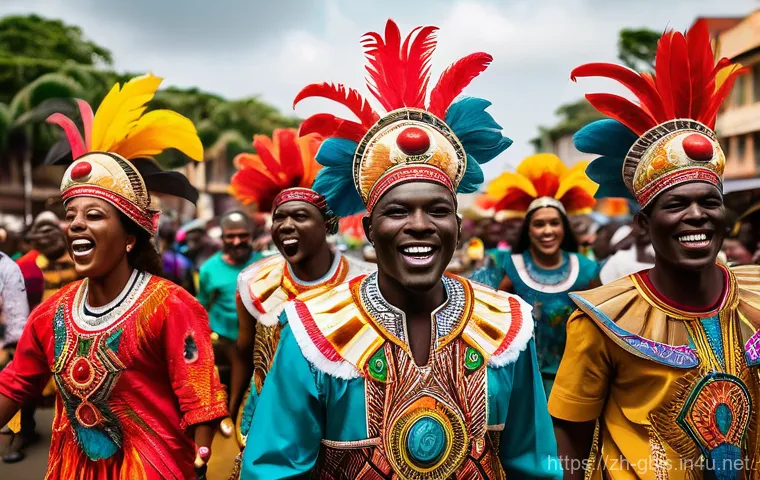 기니비사우에서의 예술 축제와 문화 행사 - A vibrant, lively street parade during the Guinea-Bissau Carnival. Participants are adorned in elabo...