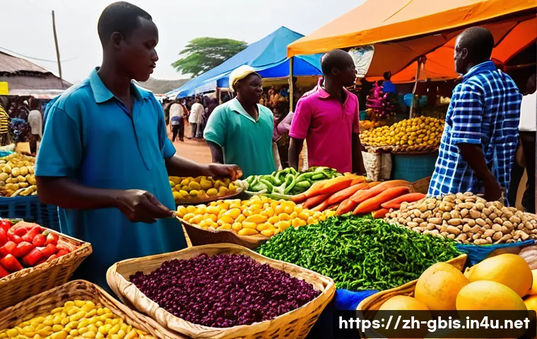 기니비사우에서 생활하는 외국인의 경험담 - **Guinea-Bissau Market Scene: A Kaleidoscope of Life and Flavors**
    Generate an image depicting a...