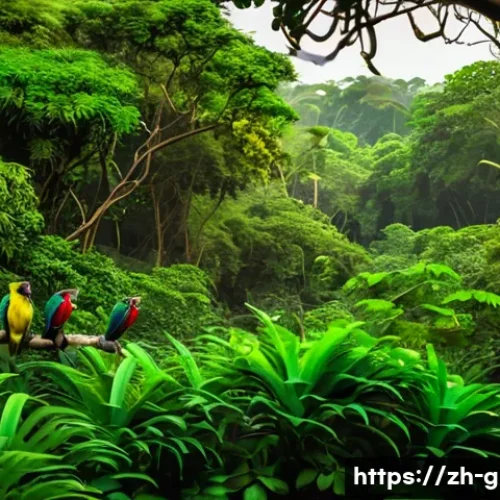 기니비사우에서 즐길 수 있는 액티비티 - A vibrant tropical rainforest scene in Guinea-Bissau, showing dense green foliage with colorful exot...