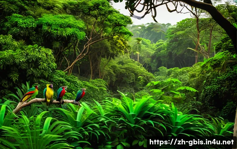 기니비사우에서 즐길 수 있는 액티비티 - A vibrant tropical rainforest scene in Guinea-Bissau, showing dense green foliage with colorful exot...