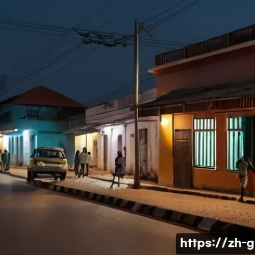 기니비사우에서 안전하게 여행하는 법 - A detailed urban street scene in Bissau, Guinea-Bissau at dusk, showing a cautious traveler walking ...