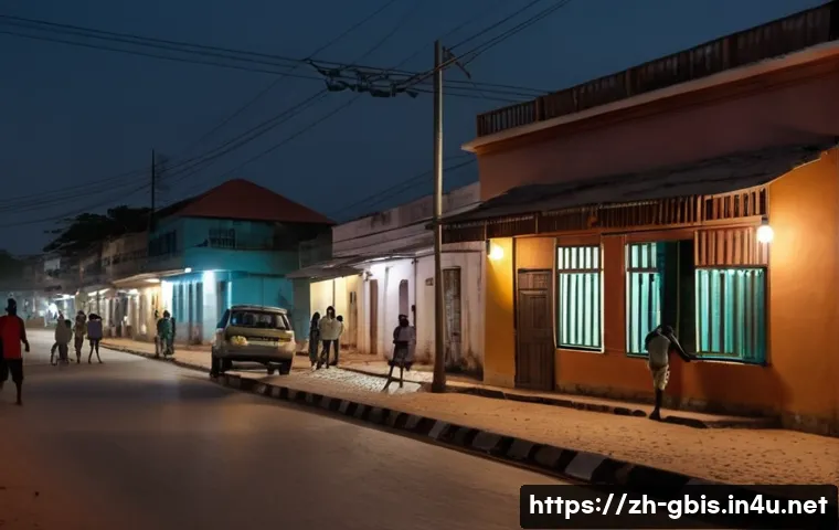 기니비사우에서 안전하게 여행하는 법 - A detailed urban street scene in Bissau, Guinea-Bissau at dusk, showing a cautious traveler walking ...