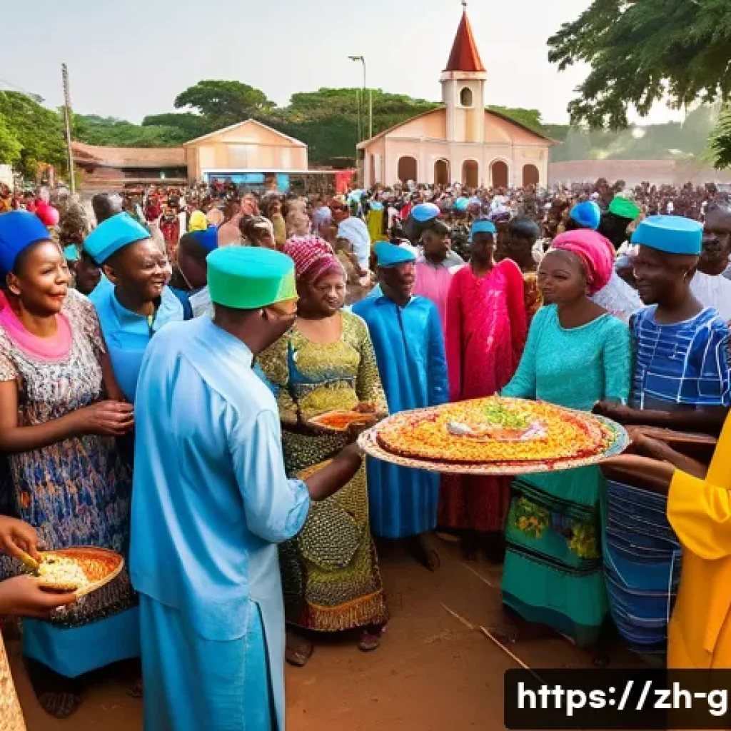 기니비사우의 기독교와 이슬람 문화 공존 - A vibrant community scene in Guinea-Bissau during a joint Christmas and Eid celebration, featuring d...