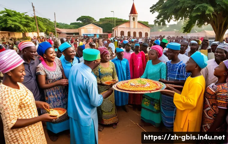 기니비사우의 기독교와 이슬람 문화 공존 - A vibrant community scene in Guinea-Bissau during a joint Christmas and Eid celebration, featuring d...