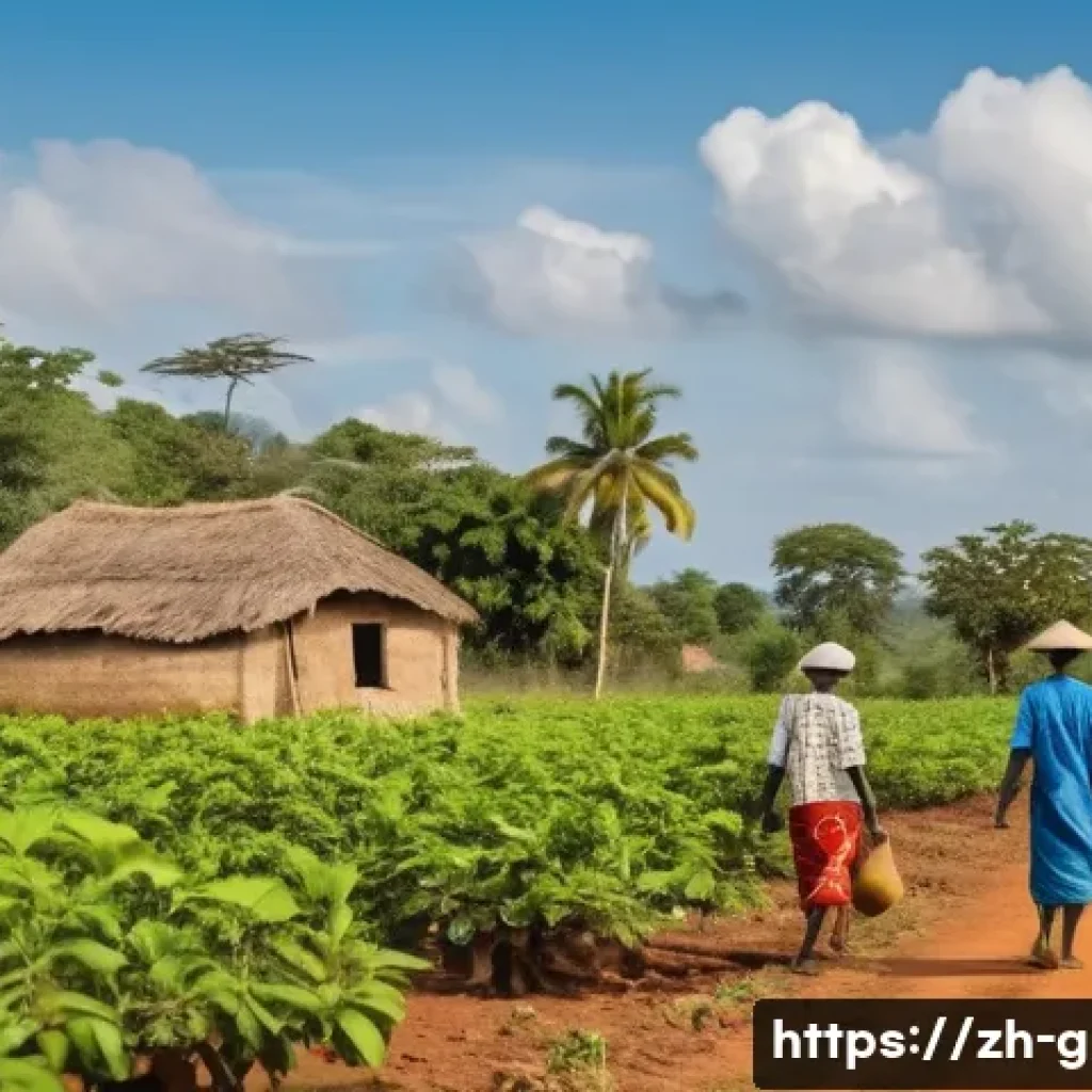 기니비사우와 인근 국가 비교 - A vibrant rural scene in Guinea-Bissau showcasing cashew nut farming, with local farmers wearing tra...