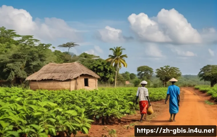 기니비사우와 인근 국가 비교 - A vibrant rural scene in Guinea-Bissau showcasing cashew nut farming, with local farmers wearing tra...