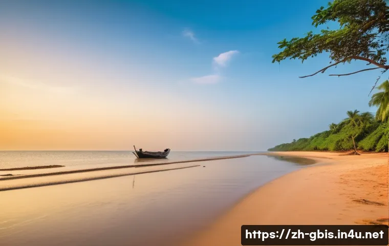 기니비사우의 해변 여행지 추천 - A pristine, untouched tropical beach in Guinea-Bissau at sunrise, featuring soft white sand gently c...