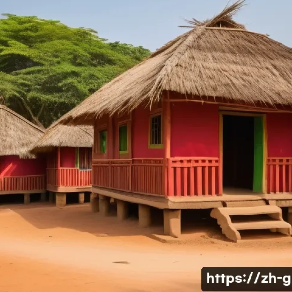 기니비사우의 대표적인 건축 양식 - A traditional Guinean-Bissau village scene under tropical sunlight, featuring houses with tall, stee...
