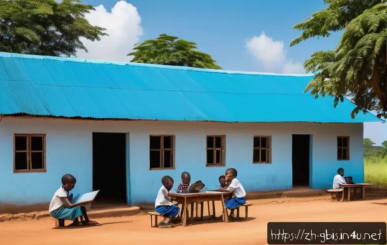 기니비사우에서 인터넷과 통신 환경 - A vibrant rural school scene in Guinea-Bissau with children using tablet computers for online learni...
