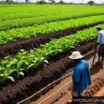 기니비사우에서 유기농 제품과 친환경 농업 - A vibrant rural farm scene in Guinea-Bissau showcasing sustainable land use practices: farmers weari...