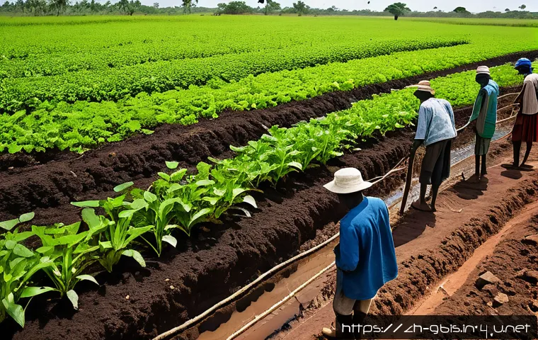 기니비사우에서 유기농 제품과 친환경 농업 - A vibrant rural farm scene in Guinea-Bissau showcasing sustainable land use practices: farmers weari...