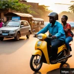 기니비사우에서 교통비와 이동 수단 비교 - A bustling city street scene in Guinea-Bissau at dusk, featuring a variety of urban transportation o...