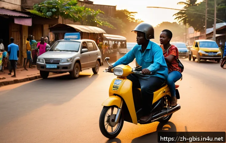 기니비사우에서 교통비와 이동 수단 비교 - A bustling city street scene in Guinea-Bissau at dusk, featuring a variety of urban transportation o...