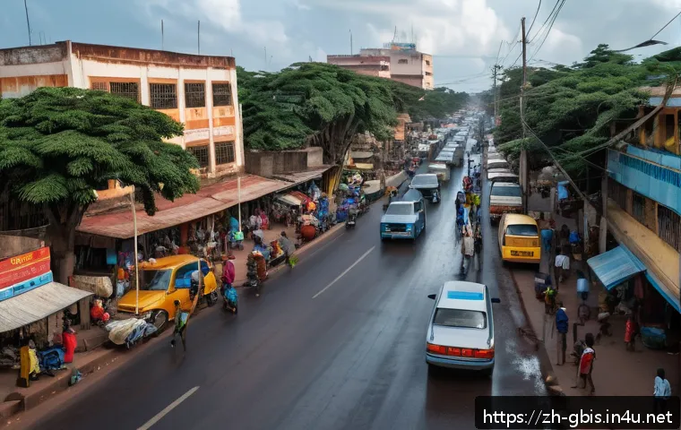 기니비사우의 교통 문제와 해결책 - A bustling urban street scene in Bissau, Guinea-Bissau during rush hour, showing narrow roads crowde...