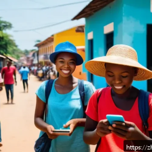기니비사우에서 사용할 수 있는 여행 앱 추천 - A vibrant urban scene in Bissau, Guinea-Bissau, featuring a diverse group of travelers using smartph...