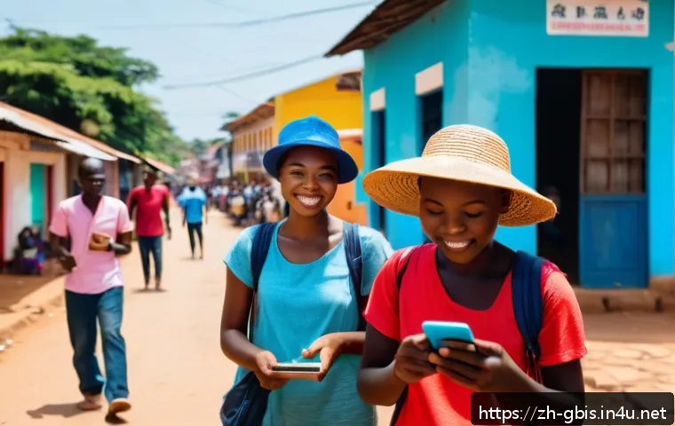 기니비사우에서 사용할 수 있는 여행 앱 추천 - A vibrant urban scene in Bissau, Guinea-Bissau, featuring a diverse group of travelers using smartph...