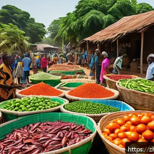 기니비사우의 정치적 안정성과 미래 전망 - A vibrant rural market scene in Guinea-Bissau showing diverse ethnic groups engaged in trade and cul...