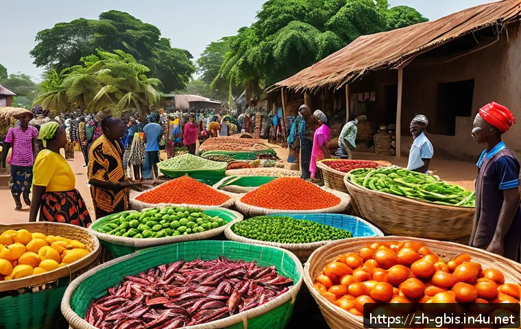 기니비사우의 정치적 안정성과 미래 전망 - A vibrant rural market scene in Guinea-Bissau showing diverse ethnic groups engaged in trade and cul...