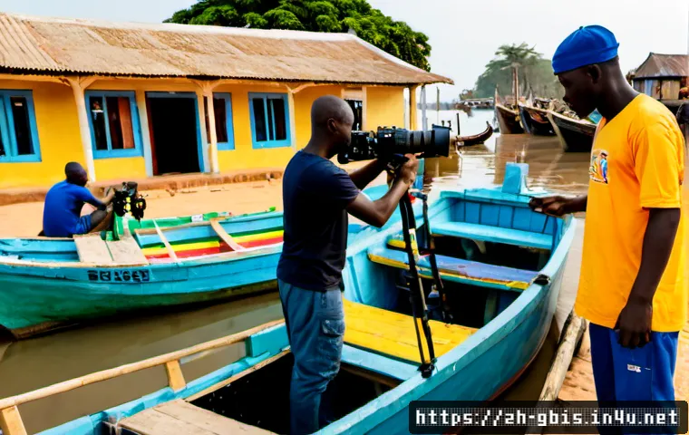 기니비사우에서 촬영된 영화와 다큐멘터리 - Photorealistic documentary film crew recording daily life in Bissau, Guinea-Bissau, a local cinemato...